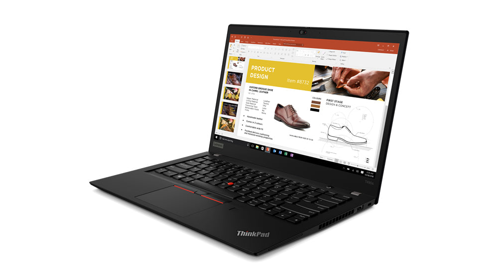 Lenovo ThinkPad T490s con display FullHD Touch da 14 pollici, presentazione PowerPoint aperta. Ideale per produttività e presentazioni. Lenovo ThinkPad T490s con display FullHD Touch da 14 pollici, presentazione PowerPoint aperta. Ideale per produttività e presentazioni.